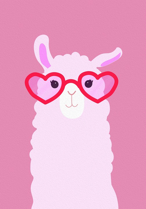 Cartoon of an alpaca wearing heart shaped glasses